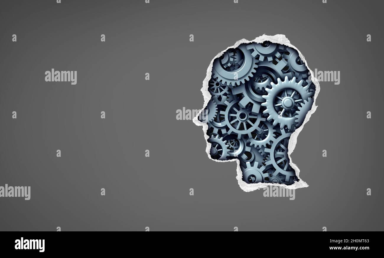 Im Inneren des menschlichen Denkens und der Psychologie oder Psychiatrie Konzept der psychischen Gesundheit als Kopf mit zerrissenem Papier als Zahnräder und Zahnräder im Inneren, die das Lernen darstellen. Stockfoto