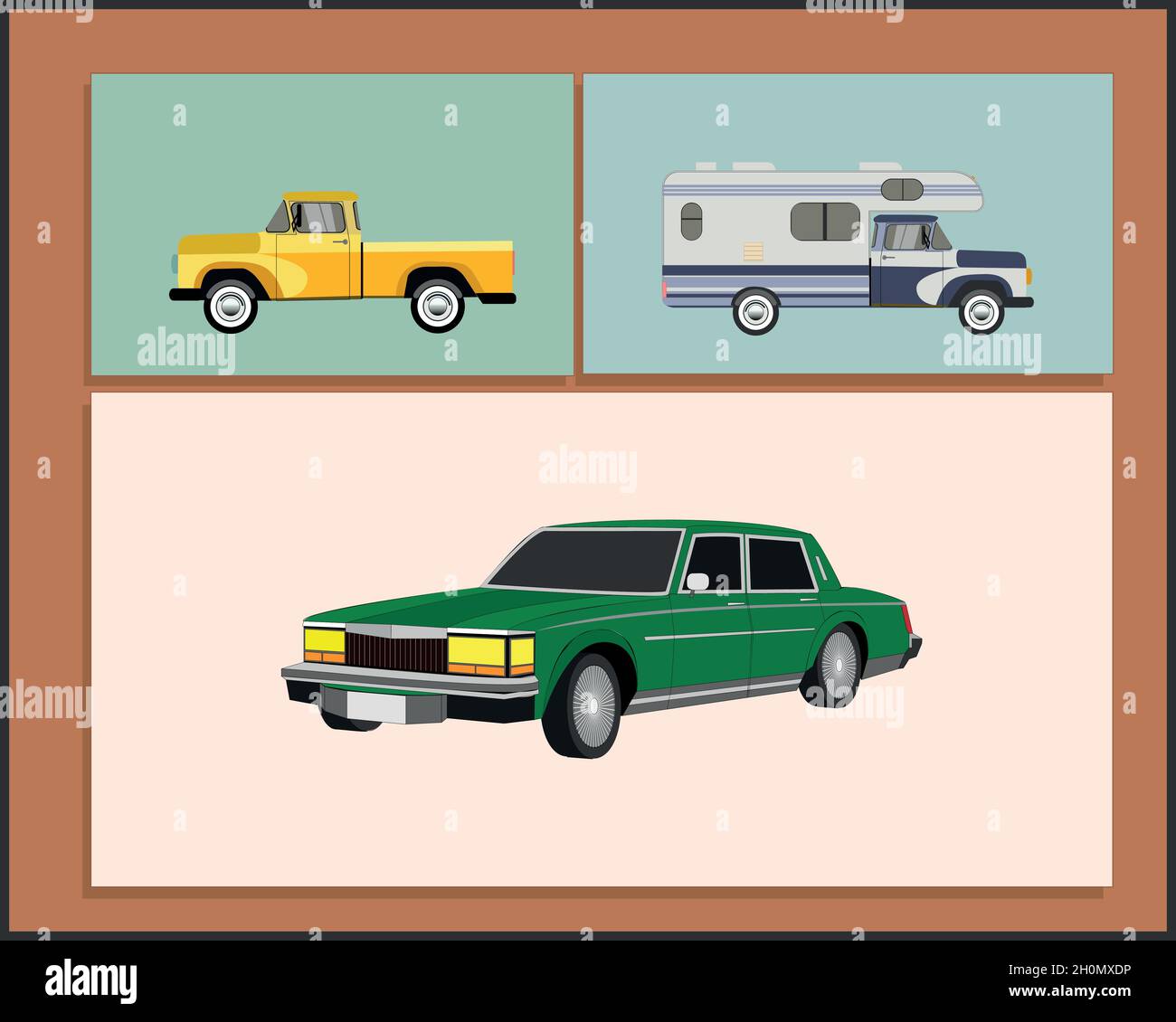 Malen mit verschiedenen alten Autos. Amerikanische Kultur des 20. Jahrhunderts Stock Vektor