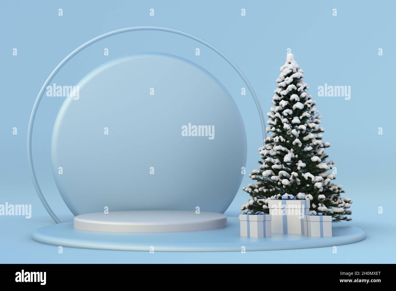 Weihnachtliche 3D-Komposition für den festlichen blauen Winter. Realistische Bühne, Podium, Weihnachtsstudio. Minimale festliche Neujahr Hintergrund mit schneebedeckten Weihnachten tr Stockfoto