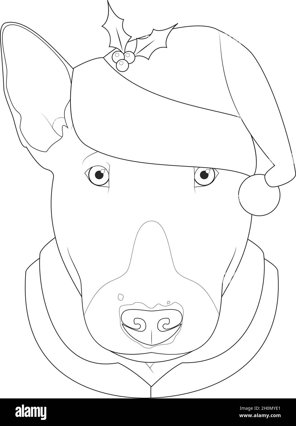 Weihnachten Grußkarte zum Ausmalen. Bull Terrier Hund mit Weihnachtsmann Hut Stock Vektor