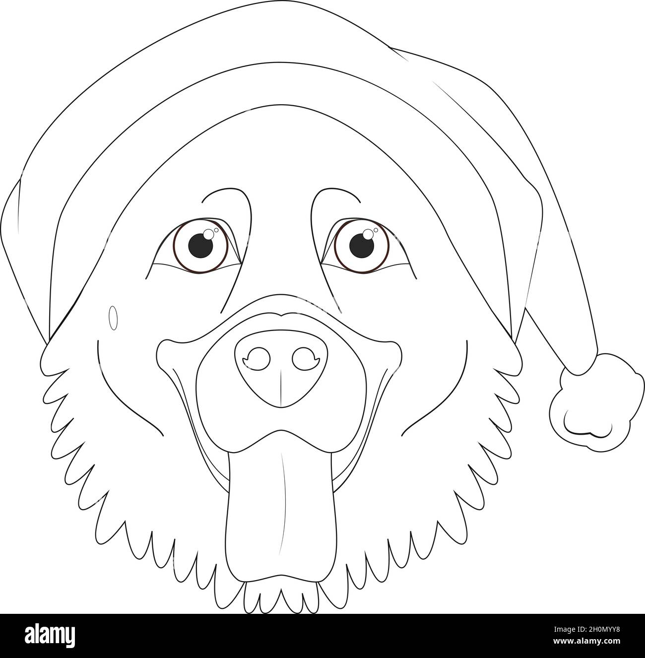 Weihnachten Grußkarte zum Ausmalen. Deutscher Schäferhund mit Weihnachtsmann-Hut Stock Vektor