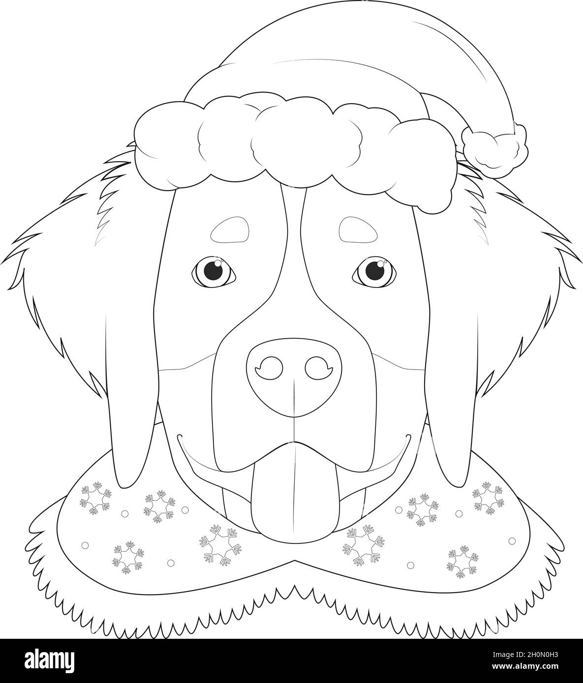 Weihnachten Grußkarte zum Ausmalen. Berner Sennenhund mit Weihnachtsmütze Stock Vektor