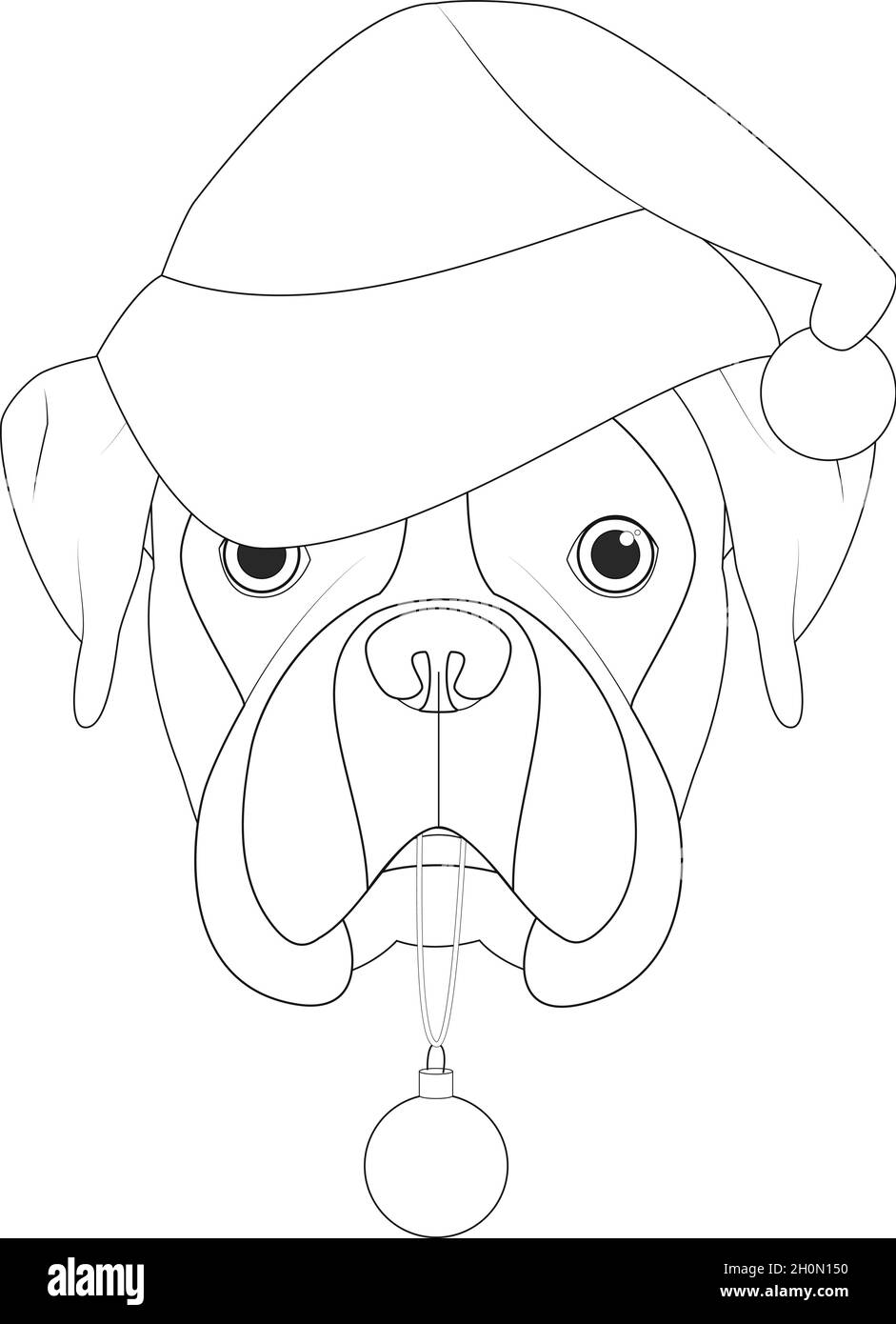 Weihnachten Grußkarte zum Ausmalen. Boxerhund mit Weihnachtsmütze und Weihnachtskugel Stock Vektor