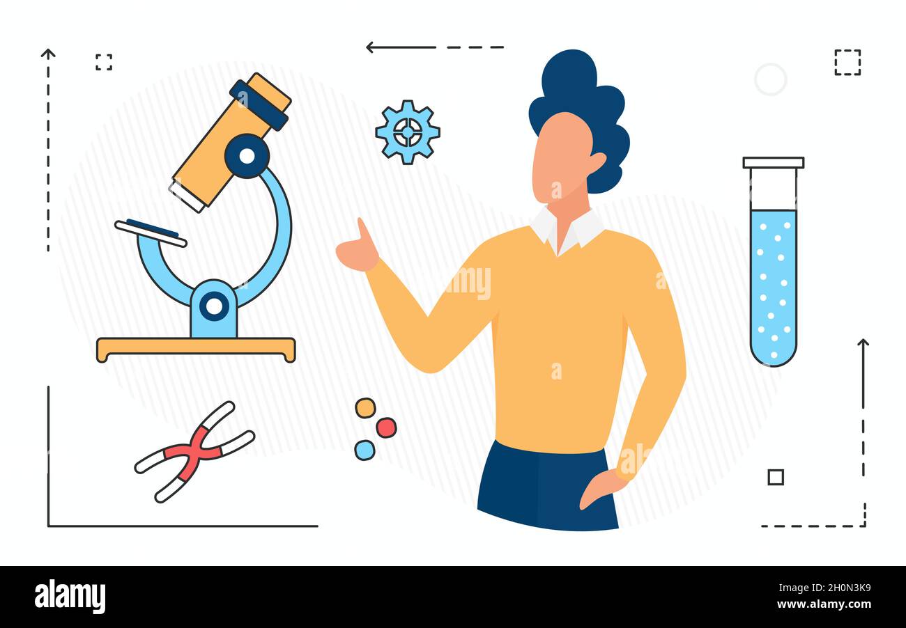 Moderne Wissenschaft Chemie Forschung Technologie Konzept Vektor Illustration. Cartoon-Gen, Mikroskop-Ausrüstung Symbol und Wissenschaftler Mann auf weiß isoliert Stock Vektor