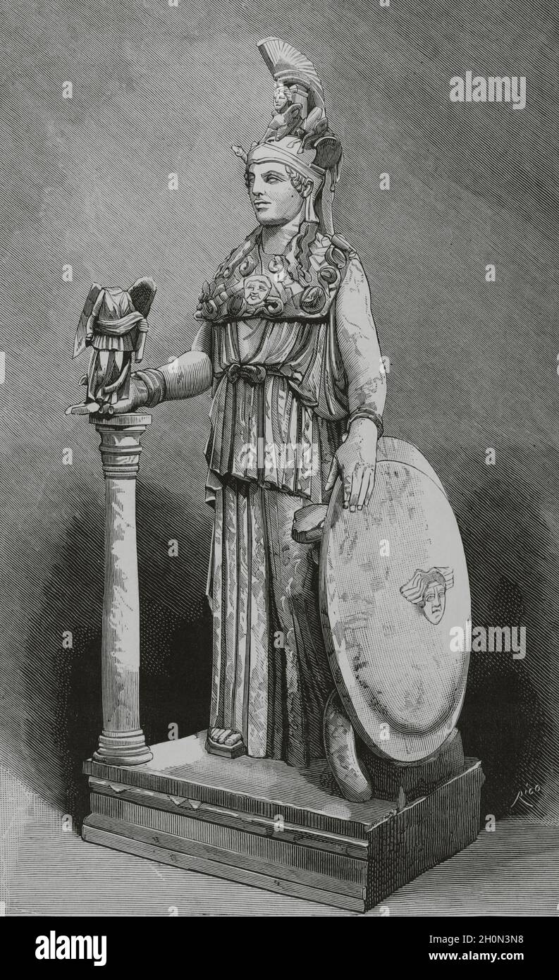 Nachbildung der Statue des klassischen griechischen Bildhauers Fidea der Göttin Athene (der römischen Minerva), bekannt als 'Athene Parthenos'. Engravin Stockfoto
