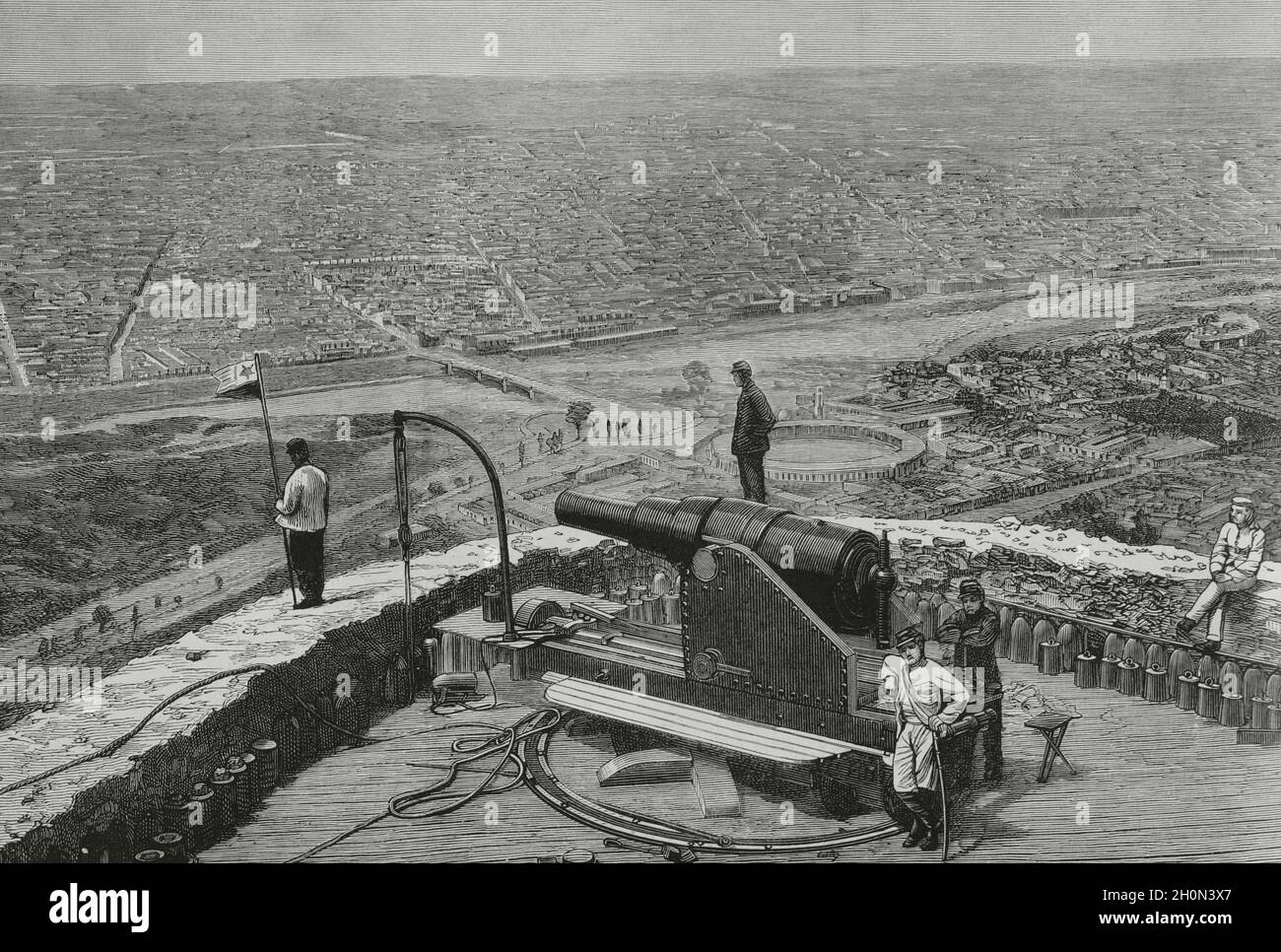 Der Pazifikkrieg oder der Saltpeter-Krieg. Bewaffneter Konflikt, der Chile gegen die Verbündeten Boliviens und Perus ausrüstete. 1879-1883. Peru, Lima. Panoramafenster Stockfoto