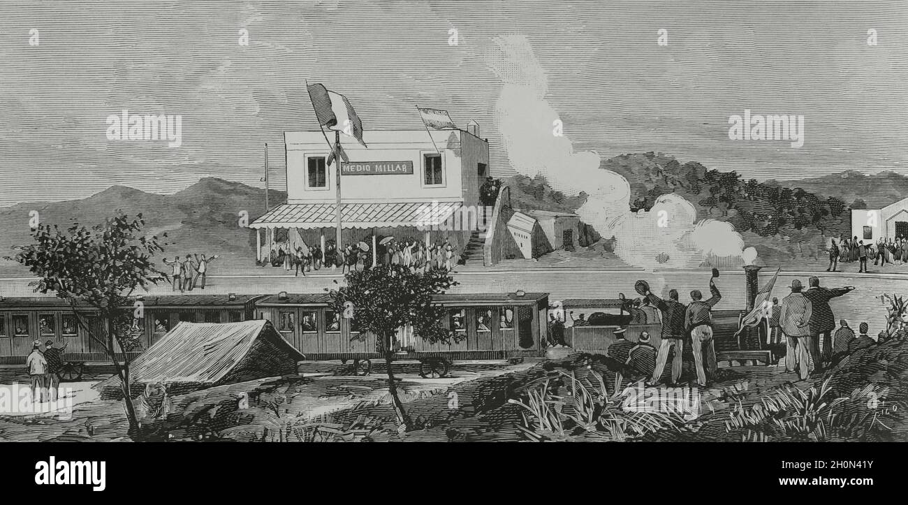 Spanien, Andalusien, Provinz Huelva. Eröffnung des öffentlichen Personenverkehrs auf der Eisenbahnstrecke Tharsis-Odiel. Die Linie wurde von den Briten gebaut Stockfoto