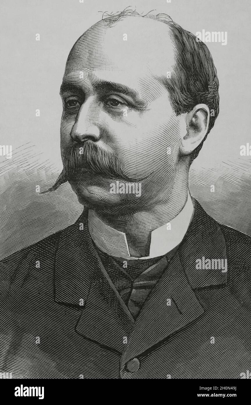 Segismundo Moret y Prendergast (1838-1913). Spanischer Politiker. Hochformat. Illustration von Badillo. Stich von Arturo Carretero. La Ilustracion Españ Stockfoto