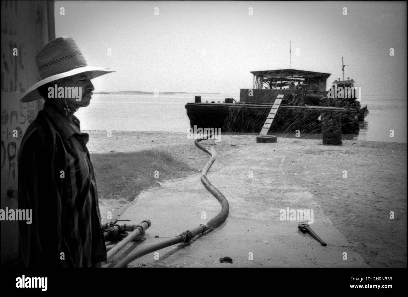 Die Insel Zapara liegt vor der Küste Venezuelas in der Gemeinde Almirante Padilla im Bundesstaat Zulia, nahe dem Eingang zur Bucht von Tablazo. Auf einer Fläche von sieben Quadratkilometern ist er fast vollständig mit Sanddünen bedeckt, die bis zu 30 Meter erreichen können. Die Insel ist an der Nordküste mit Kokospalmen und Korallenriffen übersät und über ein kleines Dock erreichbar. Zapara, Venezuela. Stockfoto
