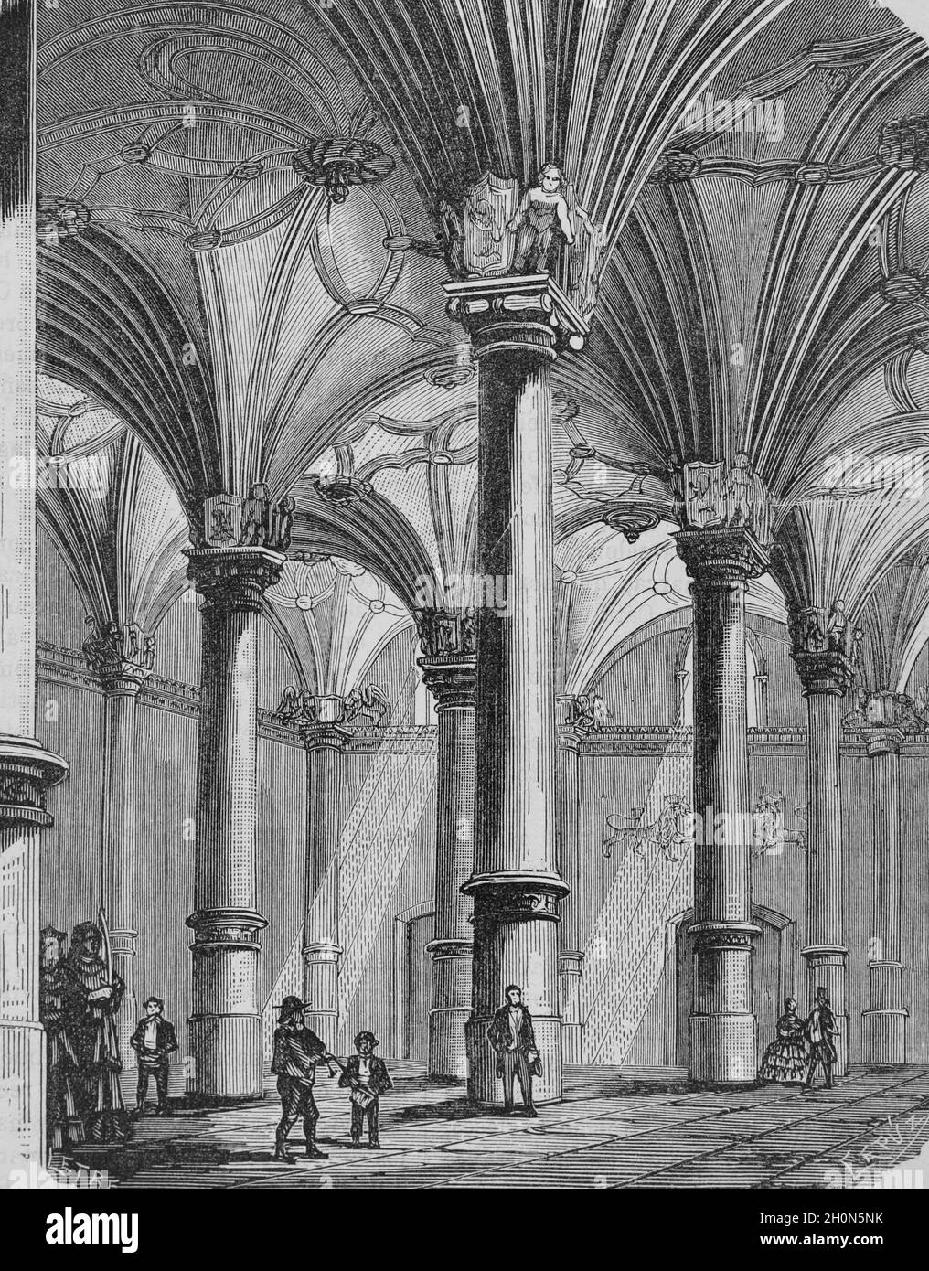 Spanien, Aragon, Zaragoza. La Lonja. 16. Jahrhundert. Gebäude im Renaissance-Stil. Innenansicht mit sternförmigen Rippengewölben. Illustration von Letre. Engravi Stockfoto