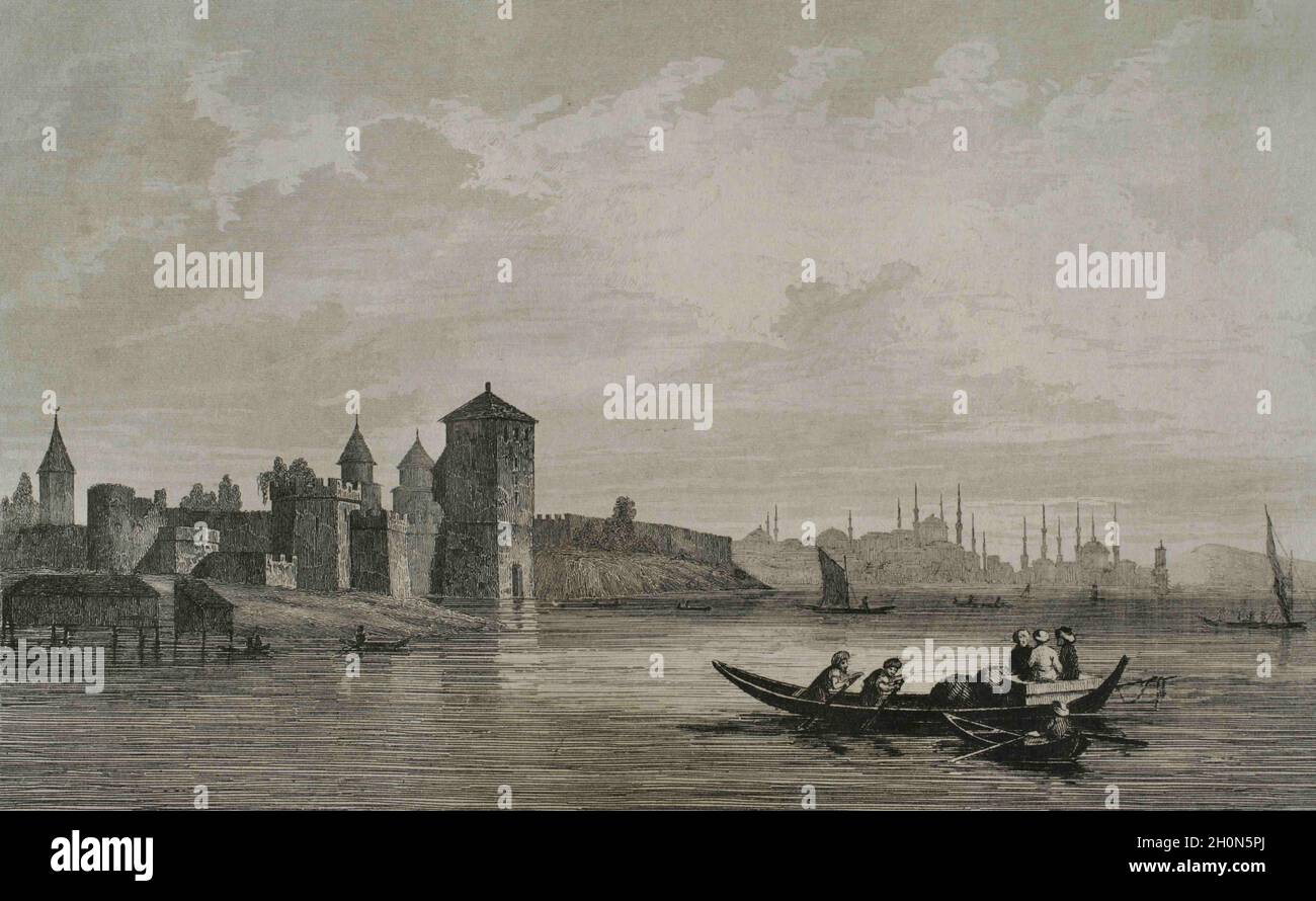Osmanisches Reich. Türkei. Konstantinopel (heute Istanbul). Festung Yedikule oder „Festung der sieben Türme“. Der Bau wurde von Ott in Auftrag gegeben Stockfoto
