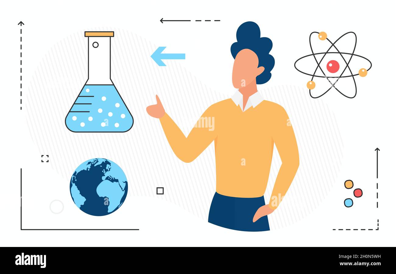 Moderne Wissenschaft Kernphysik Forschung Technologie Konzept Vektor Illustration. Cartoon-Atom, Kolben wissenschaftliche Symbole und Wissenschaftler Mann isoliert auf weiß Stock Vektor