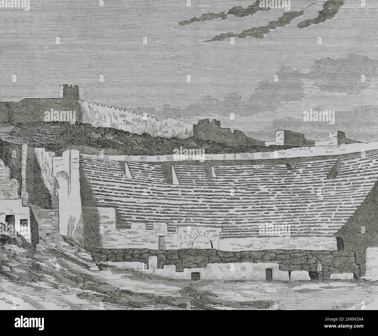 Spanien, Provinz Valencia, Sagunto. Blick auf die Ruinen des römischen Theaters. Illustration von Sesma. Stich von Sierra, 19. Jahrhundert. Cronica Genera Stockfoto