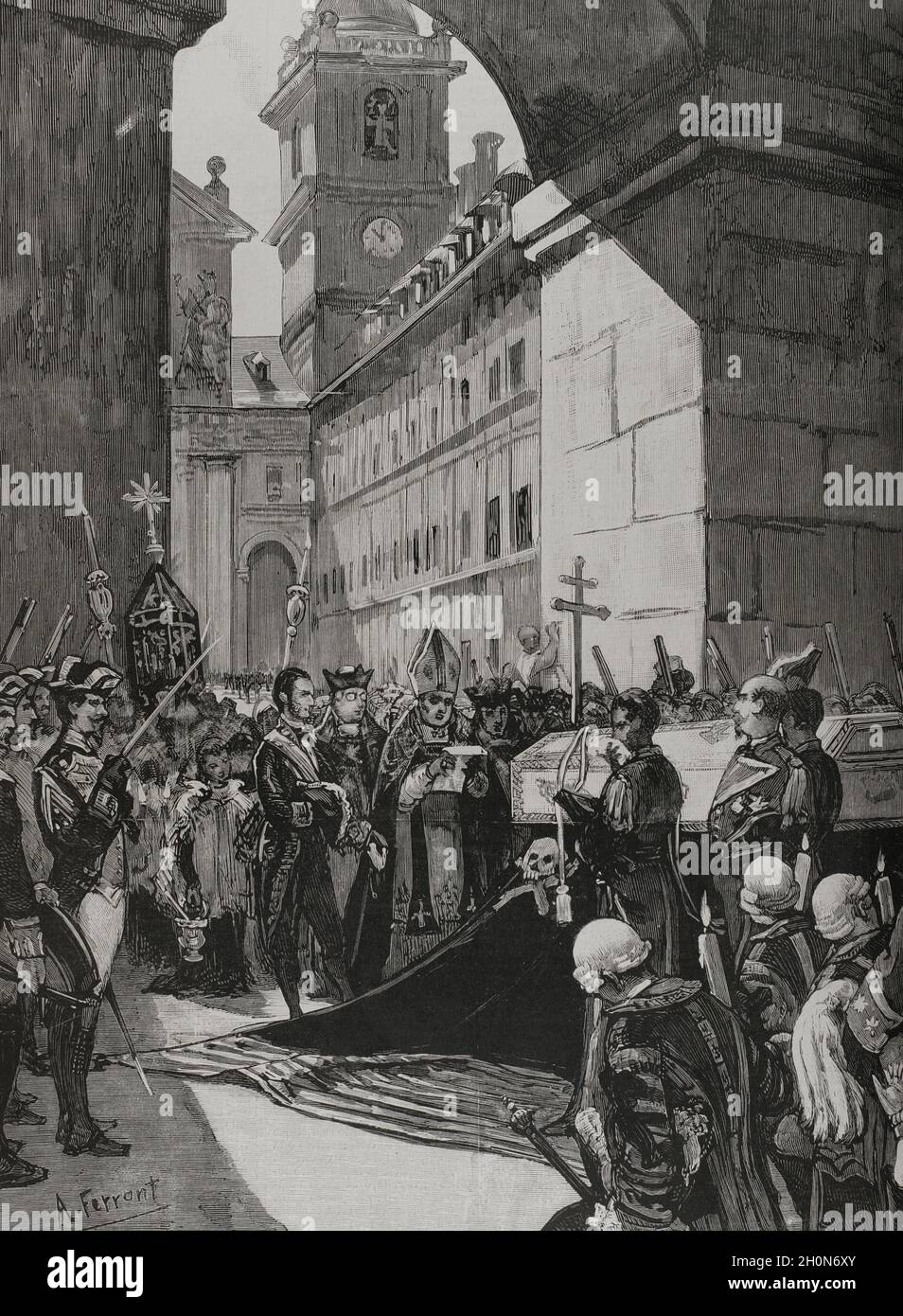 María de las Mercedes von Orleans (1860-1878). Königin Gemahlin von Spanien durch ihre Ehe mit König Alfonso XII.. Sie starb kurz nach ihrer Hochzeit an den Folgen von Typhus. Beerdigung von Königin Mercedes. Übergabe der königlichen Leiche durch den Minister für Gnade und Gerechtigkeit an den Kardinalerzbischof von Toledo und das kirchliche Kapitel im Kloster El Escorial am 28. Juni 1878. Zeichnung aus dem Leben von Alejandro Ferrant. Gravur von Rico. La Ilustración Española y Americana, 1878. Stockfoto