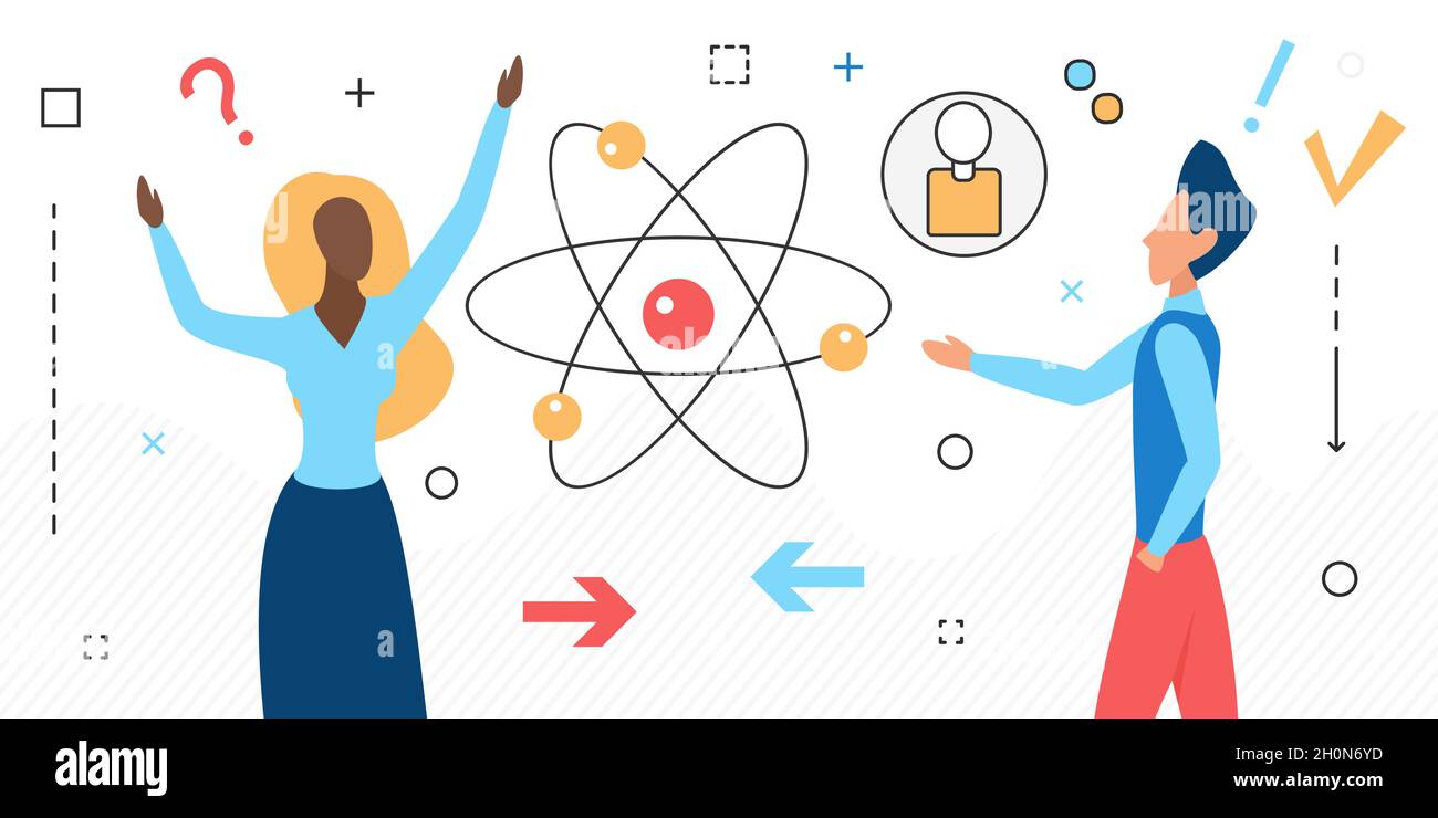 Moderne Wissenschaft Forschung Technologie Konzept Vektor Illustration. Cartoon Atom wissenschaftliche Symbol und Wissenschaftler Menschen auf weiß isoliert Stock Vektor