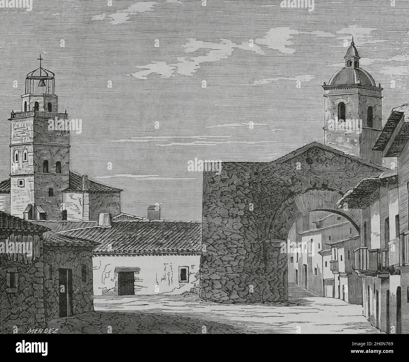 Spanien, Provinz Valladolid, Medina del Campo. Valladolid Gate. Alte Ausgangstür zur Straße nach Valladolid. Illustration von Mendez, Gravur von Sierr Stockfoto