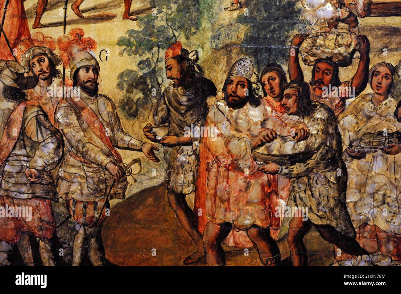 Die Eroberung Mexikos (1519-1521). Hernan Cortes in Zempuala. Er wird von der 'Cacique Gordo' (Chief Gordo) begrüßt. Details. Tabelle, die zu einem Satz o gehört Stockfoto