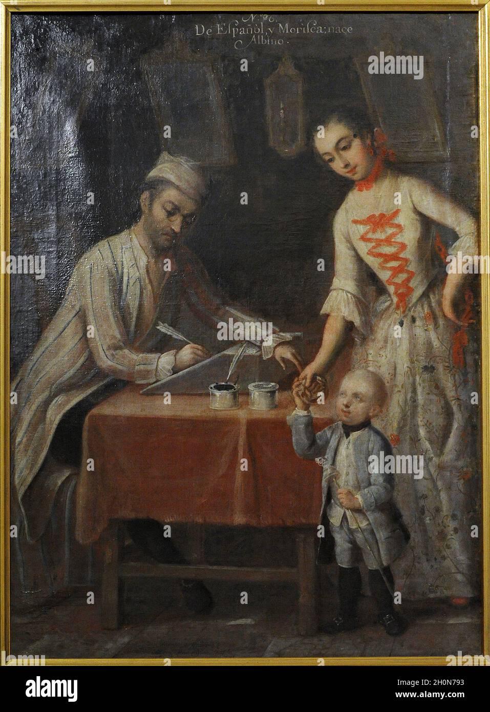 Andres de Islas (Maler, der in der zweiten Hälfte des 18. Jahrhunderts tätig war). Castas, Nr. 6. De español y morisca, nace Albino (von Spanier und Moris Stockfoto