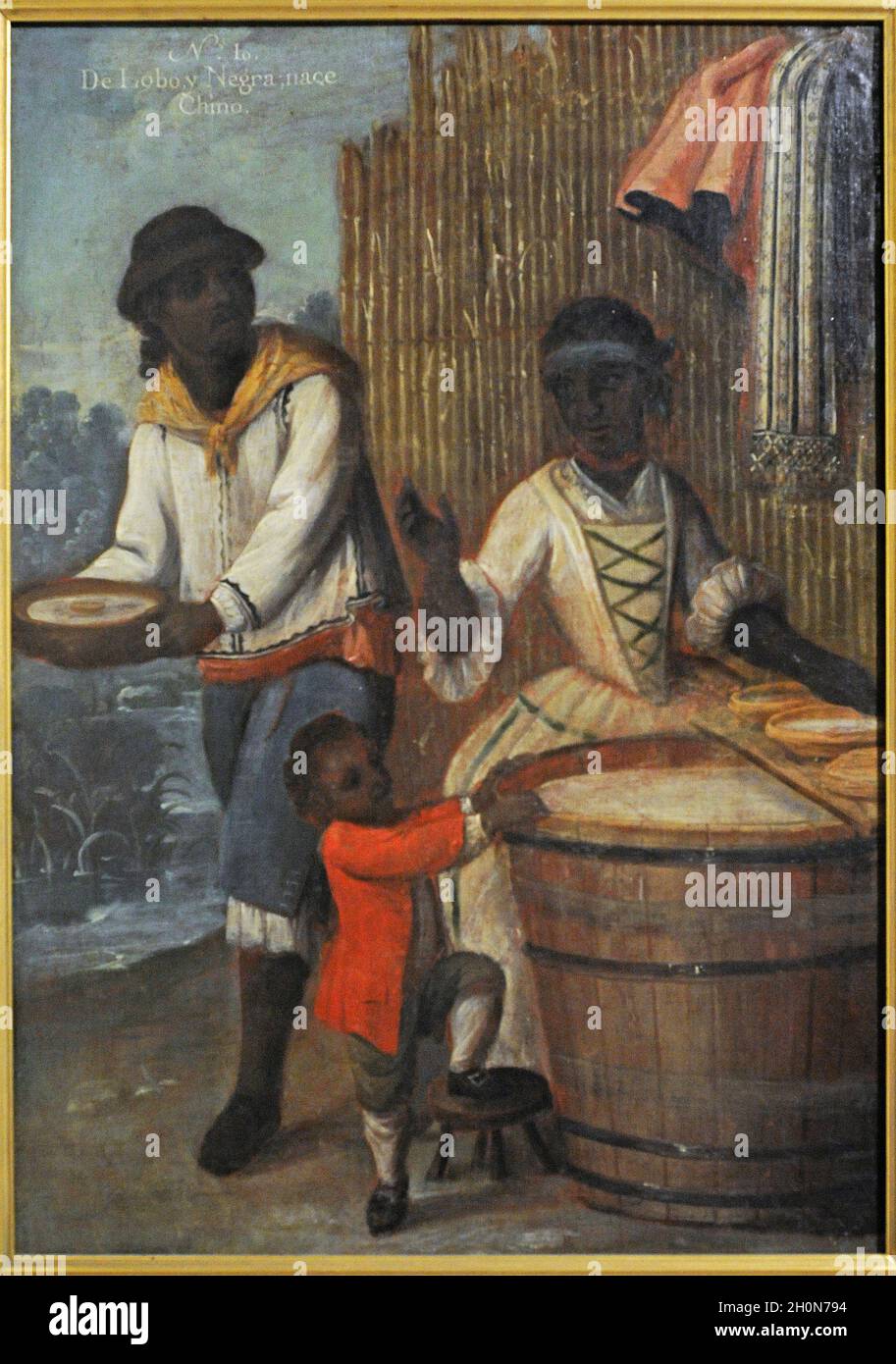 Andres de Islas (Maler, der in der zweiten Hälfte des 18. Jahrhunderts tätig war). Castas, Nr. 10. De lobo y negra, nace Chino (aus Wolf und Black, ein Chino Stockfoto