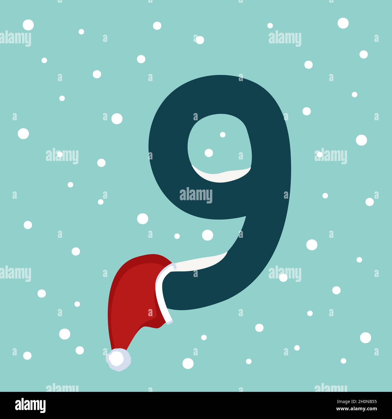 Nummer neun mit Schnee und rotem Weihnachtsmannhut. Festliche Schriftart für Weihnachten und Neujahr Stock Vektor