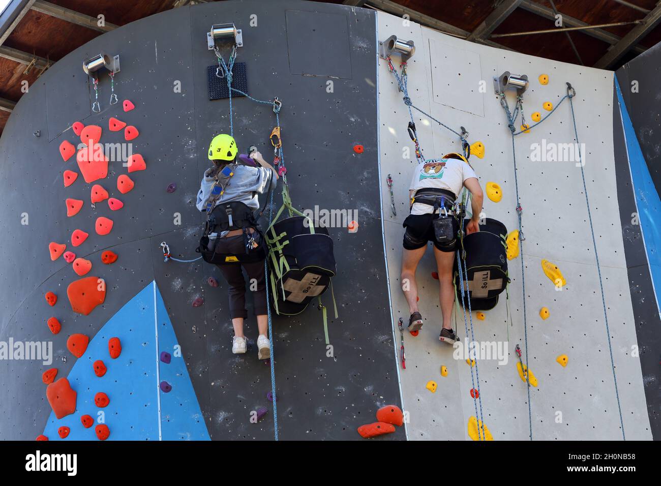 Arbeiter in Kletterausrüstung und Sicherheitsgurten, die Ausrüstung an einer Kletterwand installieren. Stockfoto