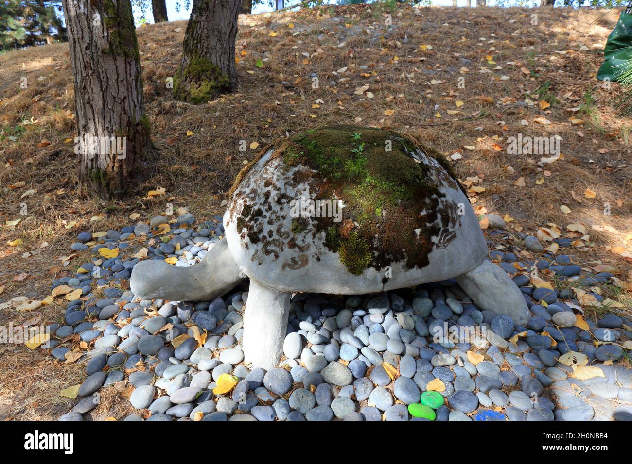 The Moss Turtle bei Troll's Knoll, hinter dem Fremont Troll, Seattle, Washington. Eine Skulptur der öffentlichen Kunst, die Shintoismus und Umwelt verbindet. Stockfoto