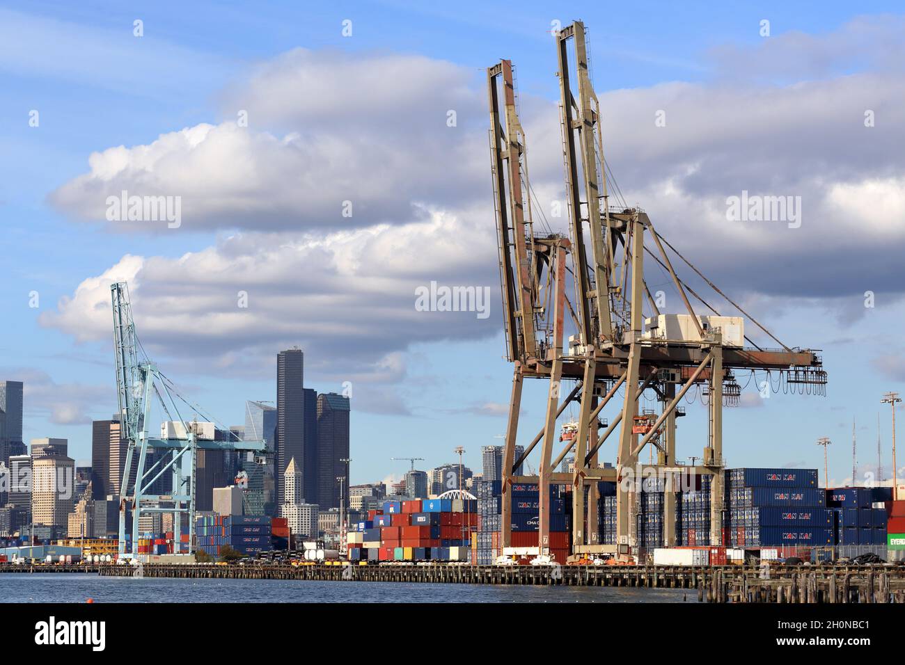 Containerkrane am Terminal 25 und am Terminal 30 im Hafen von Seattle, Washington, mit Seattle im Hintergrund. Stockfoto