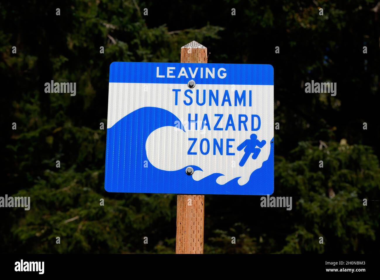 Ein blaues Hinweisschild auf einem Pol warnt „Verlassen der Tsunami-Gefahrenzone“ Stockfoto