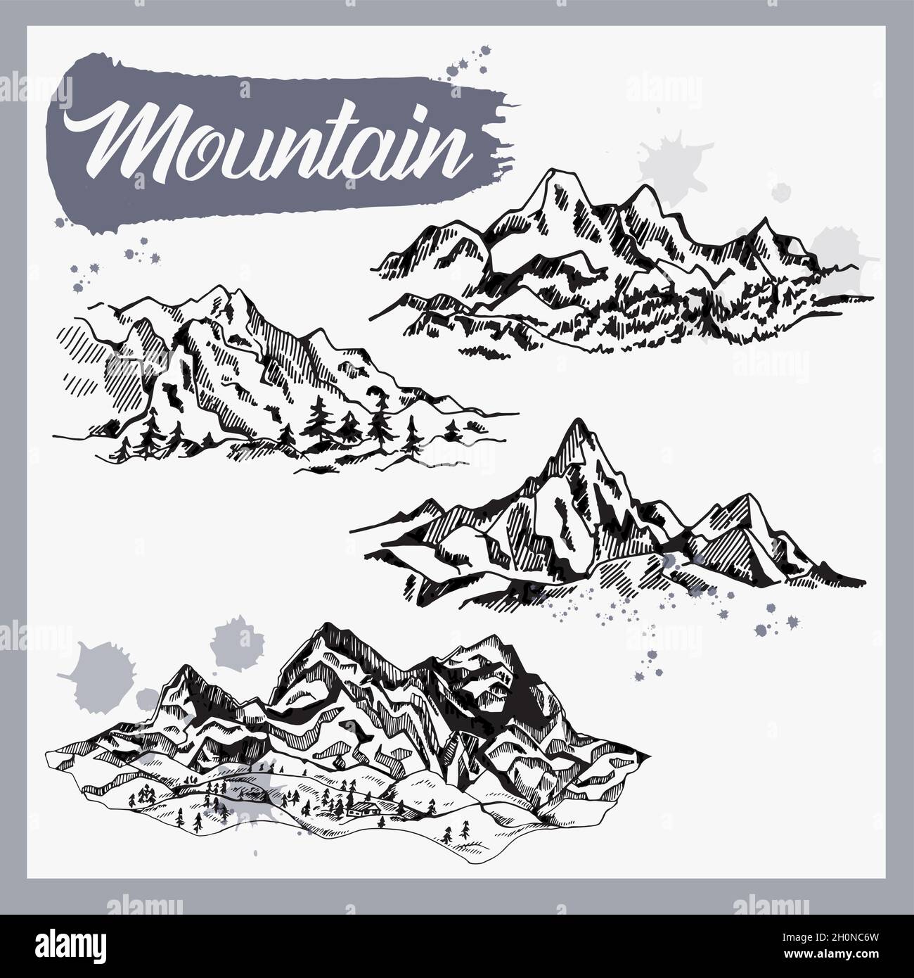 Handgezeichnete Berge im Skizzenstil, isoliert auf weißem Hintergrund. Vektorgrafik. Stock Vektor