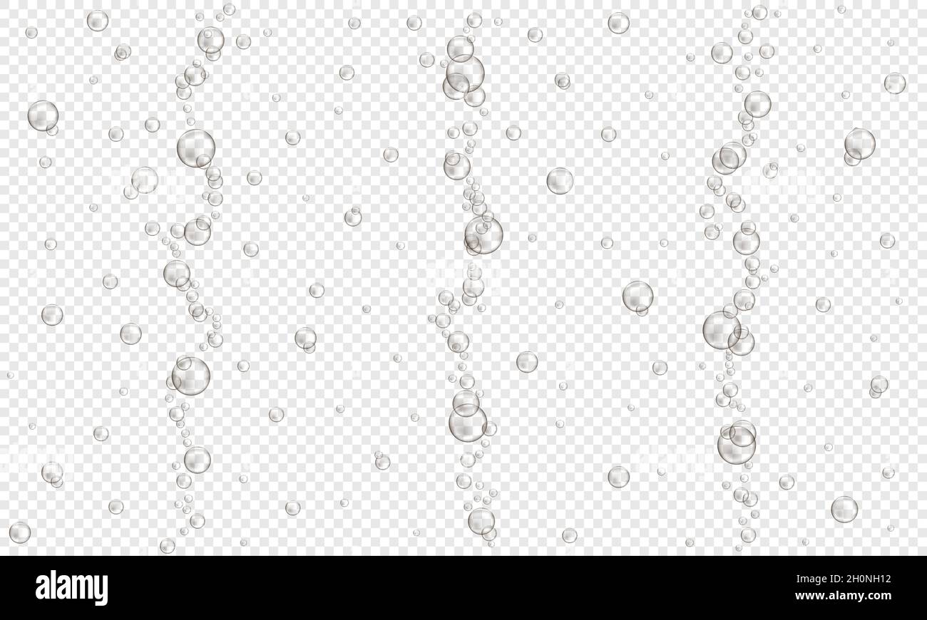 Sauerstoffblasen auf transparentem Hintergrund. Kohlensäurehaltiges Getränk, Seltzer, Bier, Soda, Cola, Limonade, Champagner-Textur. Wasser Luftstrom im Meer oder Aquarium. Vektor-realistische Darstellung. Stock Vektor