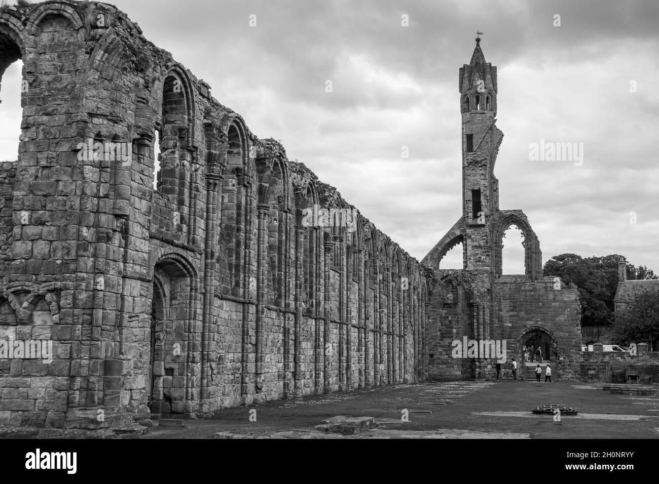 Wunderschöne Schwarz-Weiß-Ansicht der St Andrew's Cathedral in Großbritannien. Stockfoto