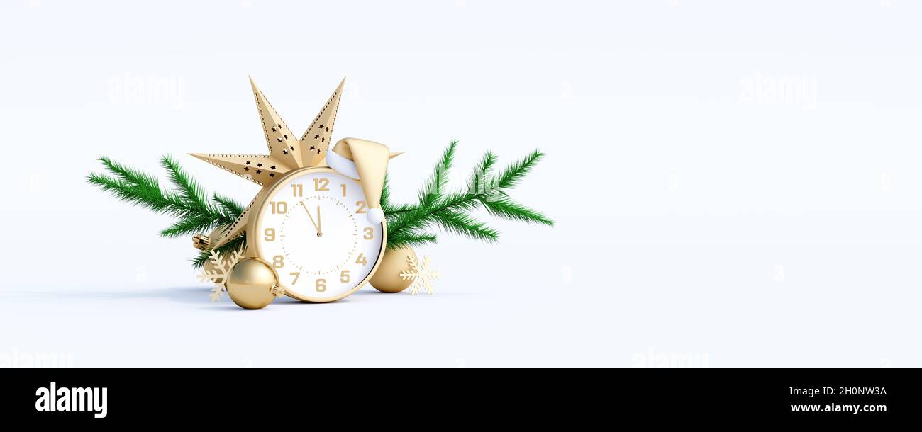 Frohe Weihnachten und Glückwünsche zum neuen Jahr. Goldene Dekoration und Tannenbaum auf weißem Hintergrund mit Copy Space 3d Rendering 3d Illustration Stockfoto