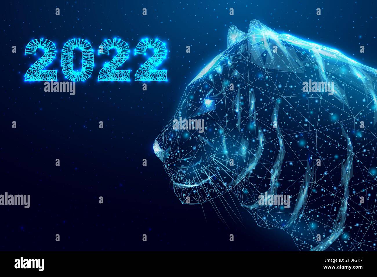 Neujahr des Tigers 2022. Drahtmodell polygonaler Kopftiger. Futuristischer, moderner abstrakter Hintergrund. Vektorgrafik. Stock Vektor