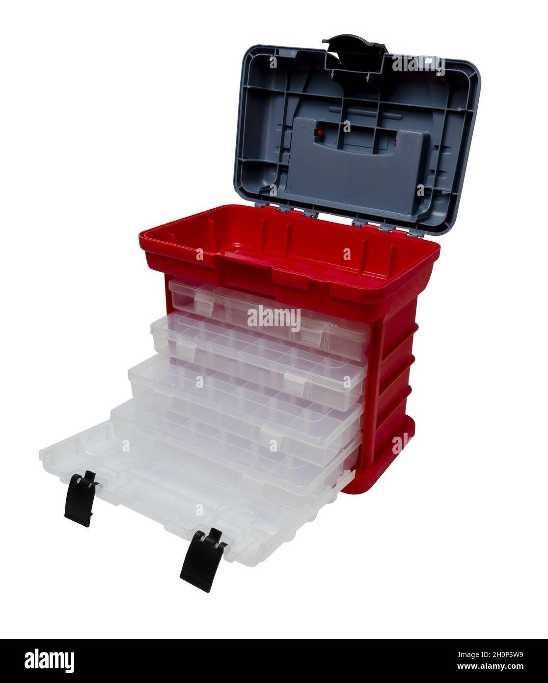 Kunststoffkisten und -Behälter zum Lagern und Tragen von Werkzeugen und verschiedenen Kleinigkeiten im Sortiment Stockfoto