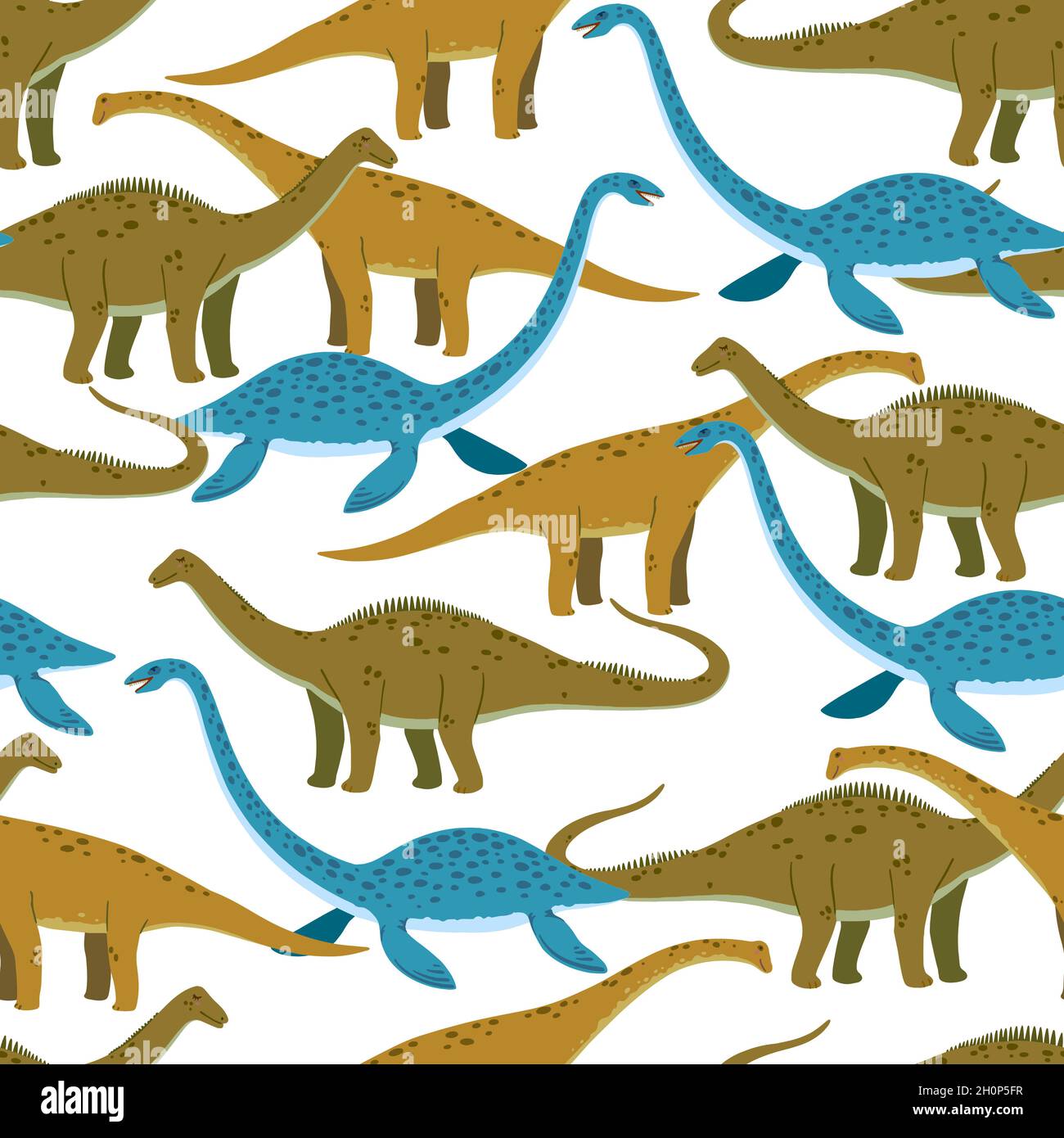 Nahtloses Muster mit niedlichen Cartoon Doodle Dinosaurier, Diplodocus, Giraffe titan und Plesiosaur. Entzückendes Kinderdesign. Stock Vektor