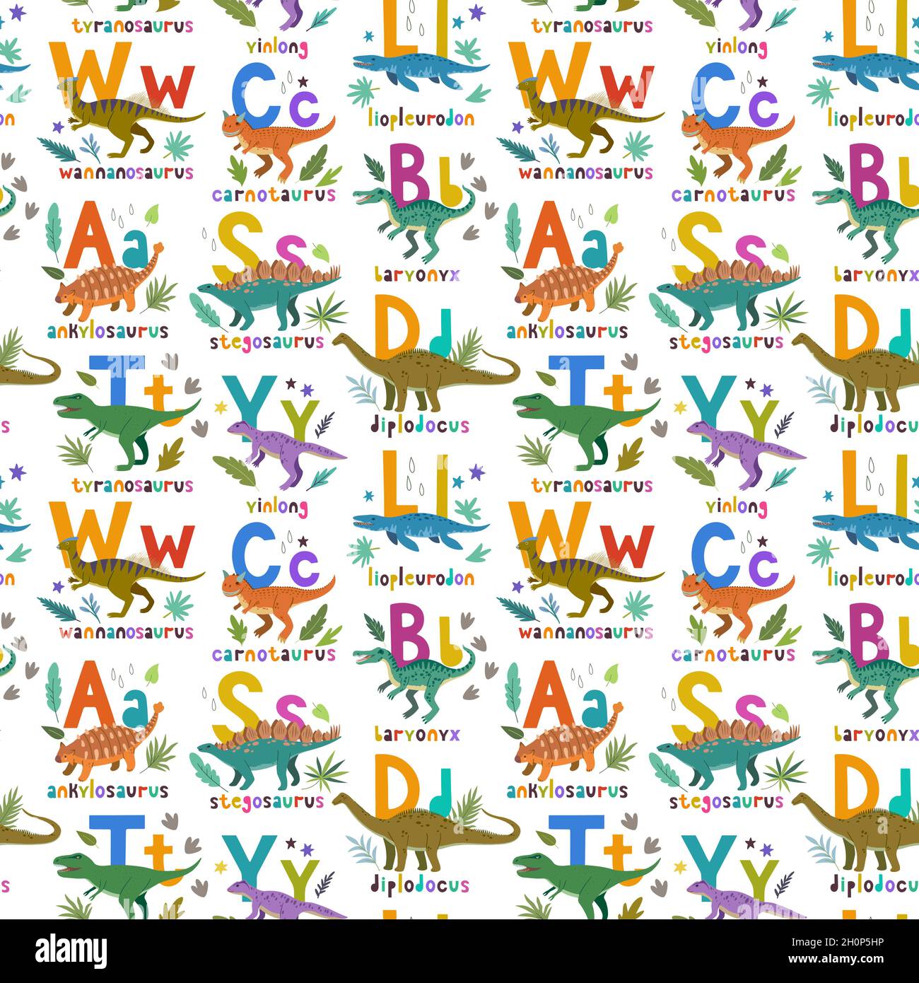 Nahtloses Muster mit niedlichen Cartoon Doodle Dinosaurier, Naturelemente und handgezeichneten Buchstaben. Entzückendes Kinderdesign. Stock Vektor