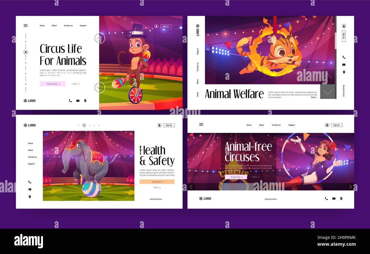 Circus zeigen Cartoon-Landing-Pages, Tiere und Menschen Künstler auf der großen Zeltarena. Karneval Unterhaltung mit Elefanten, Tiger, Affen und aerialistischer Frau Preform auf der Bühne, Vector Web Banner Set Stock Vektor