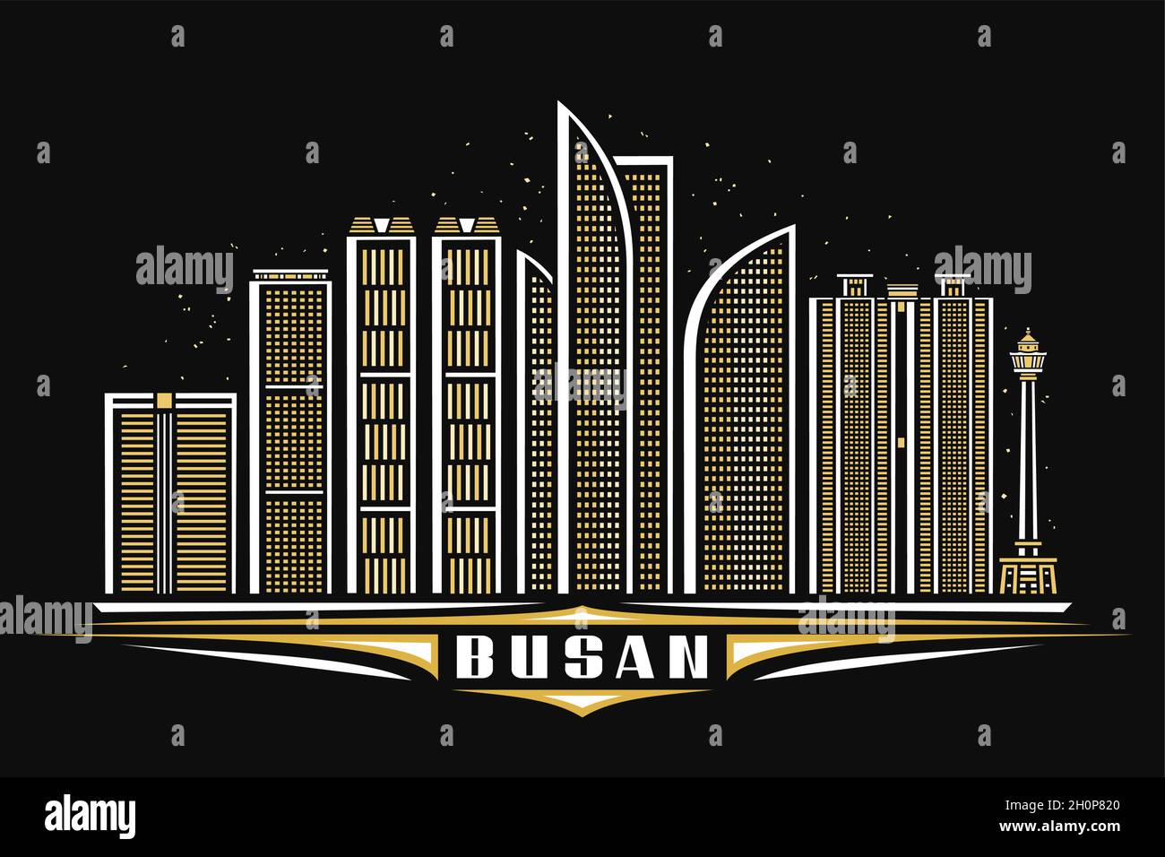 Vektor-Illustration von Busan, dunkles horizontales Poster mit linearem Design berühmte busan Stadtlandschaft auf Dämmerung Sternenhimmel Hintergrund, asiatische Stadtlinie Kunst Co Stock Vektor