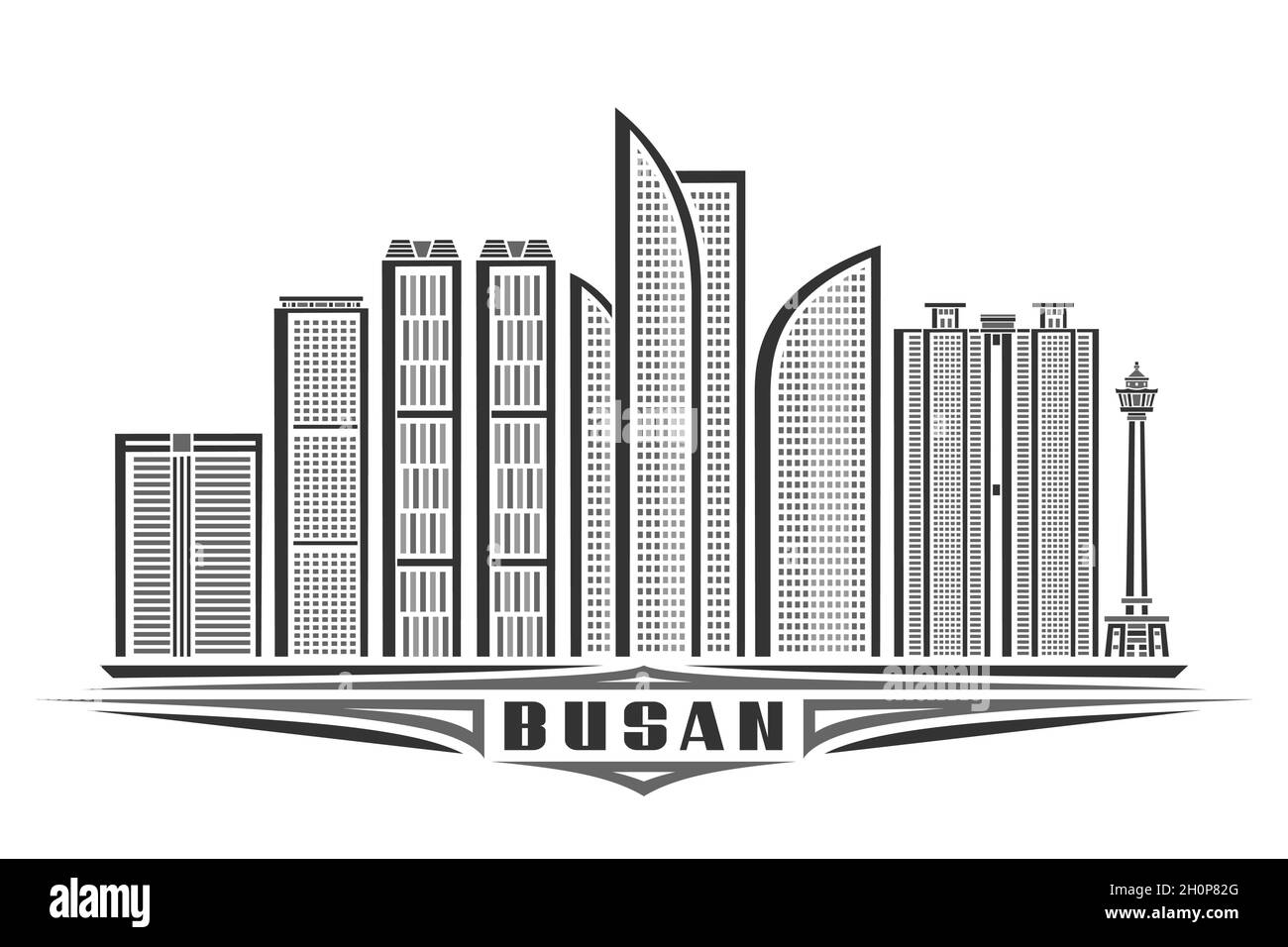 Vektor-Illustration von Busan, monochromes horizontales Poster mit linearem Design berühmte busan Stadtlandschaft, Stadtlinie Kunstkonzept mit einzigartigen dekorativen l Stock Vektor
