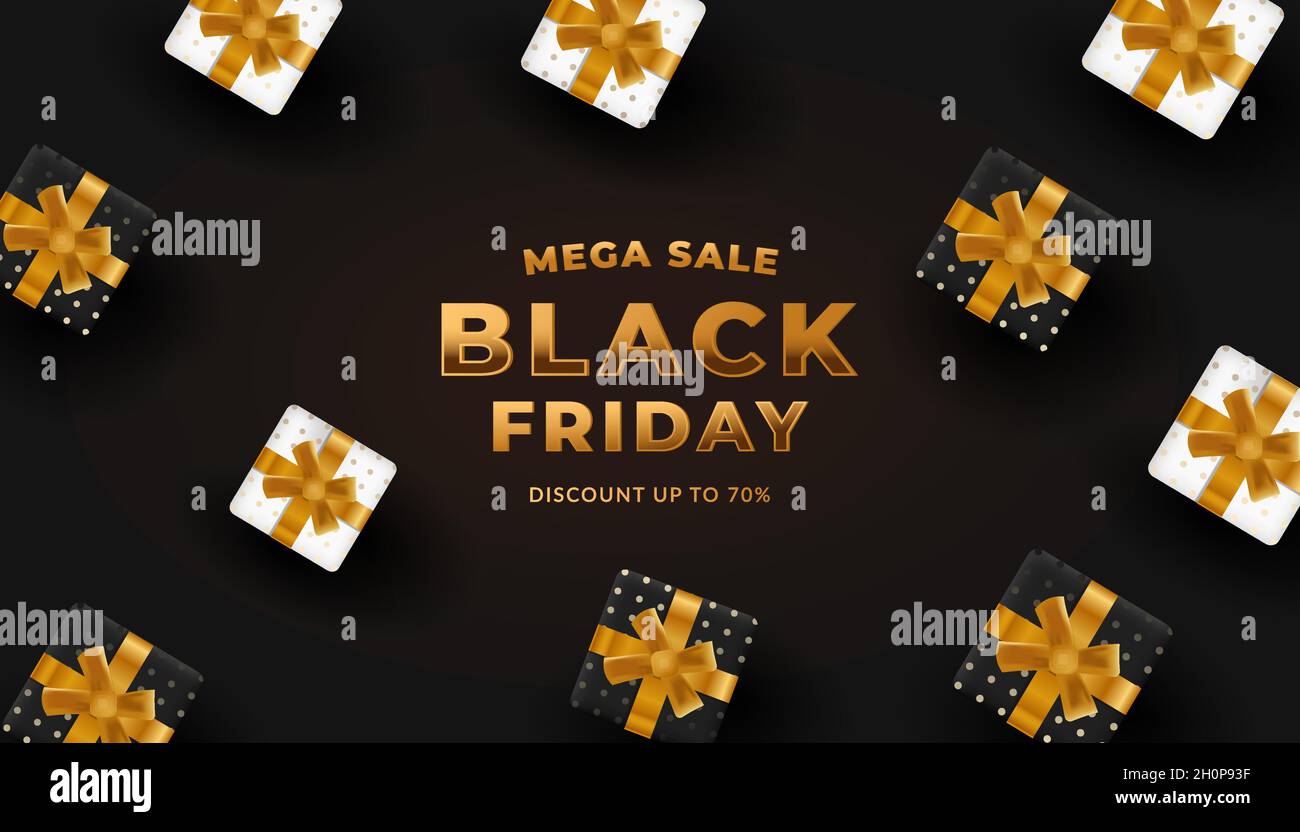 Black friday Verkauf. Banner, Poster mit Geschenkboxen schwarz-weiße Farbe. Gold Text Stock Vektor