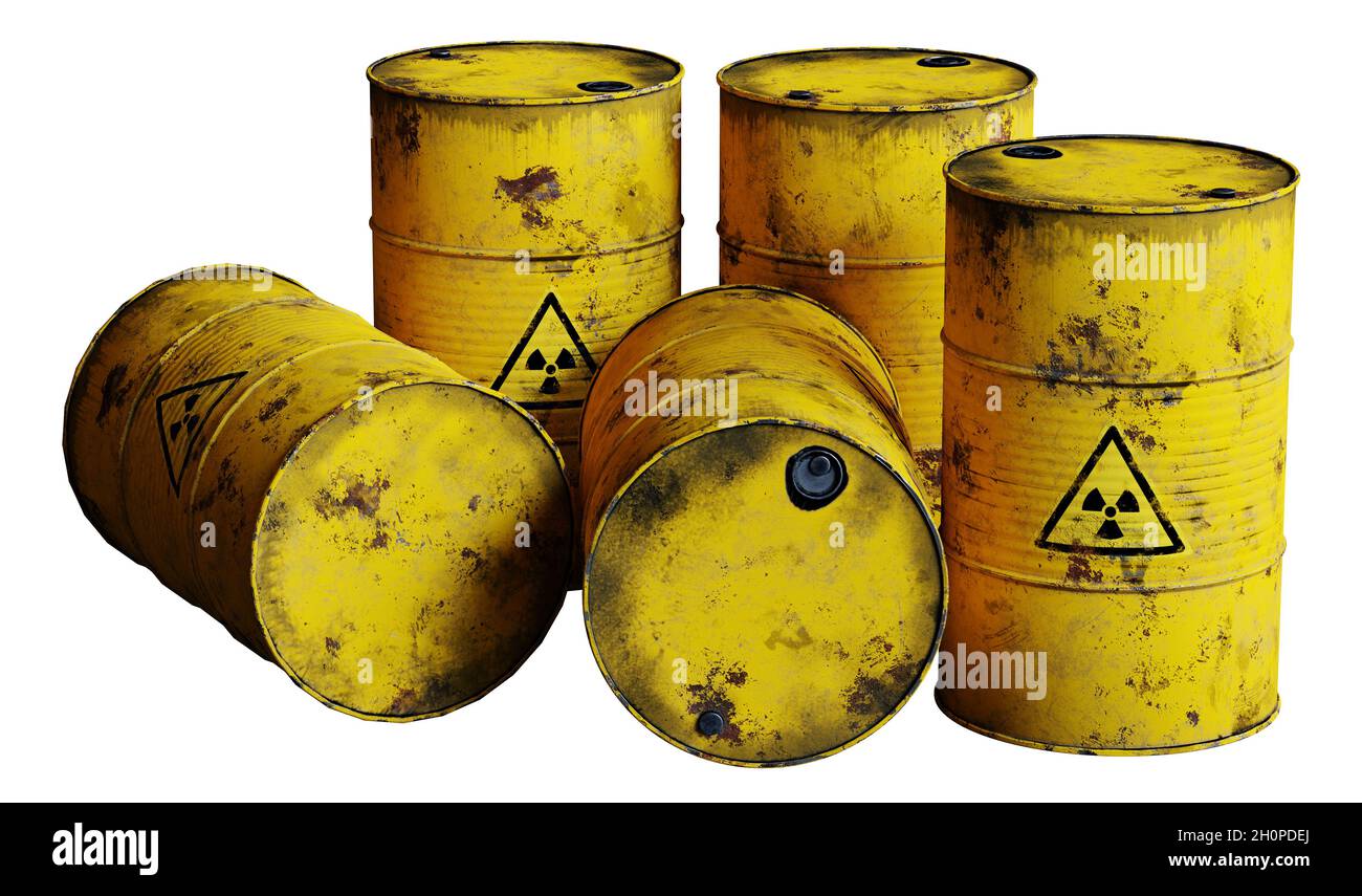 Radioaktiver Abfall in Fässern, isoliert auf weißem Hintergrund Stockfoto