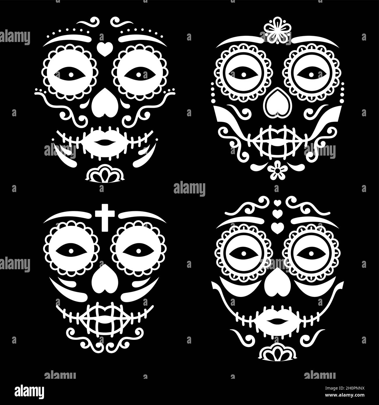 Mexikanisches La Catrina Gesichtsvektordesign, Dia de los Muertos oder Day of the Dead weiblicher Totenschädel in Weiß auf schwarzem Hintergrund Stock Vektor