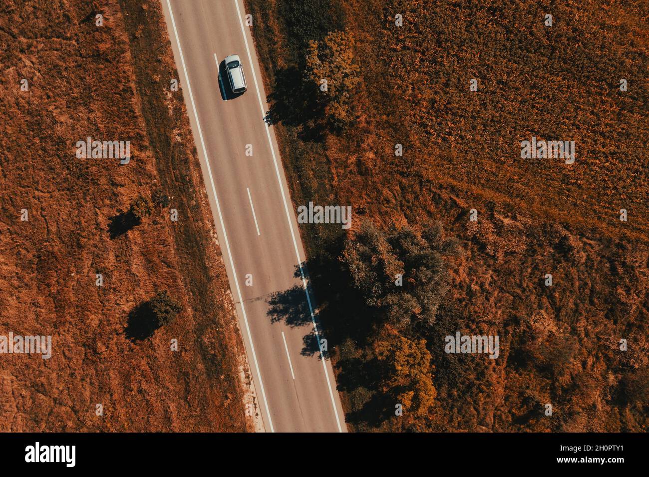 Luftaufnahme eines einzelnen grauen Automobils, das im Spätsommer die Straße entlang durch die Landschaft fährt, Drone von oben nach unten Stockfoto