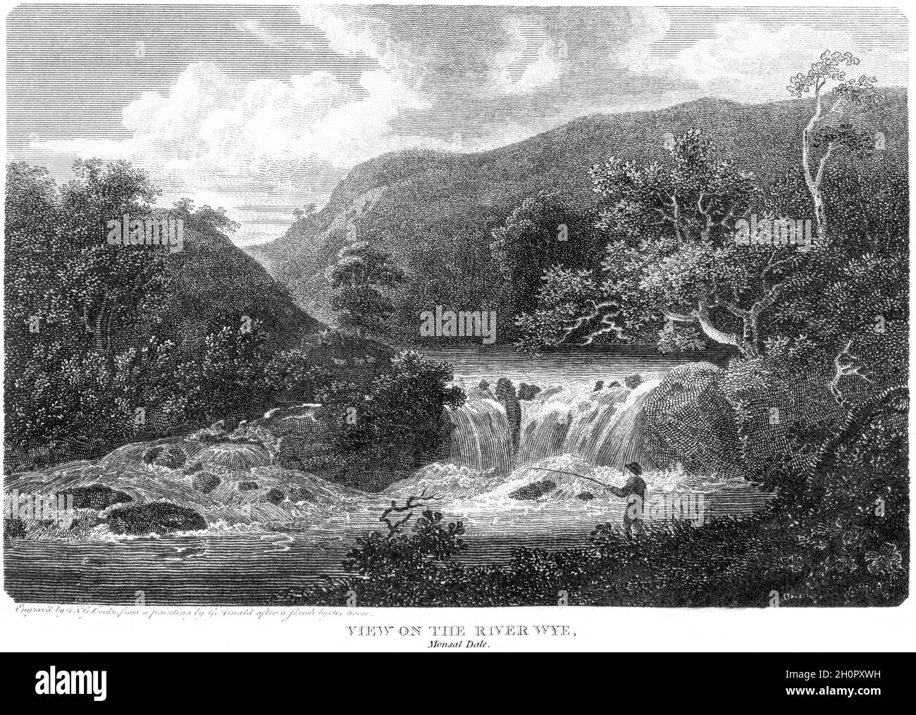 Eine Gravur von A View on the River Wye, Monsal Dale, Derbyshire UK, gescannt mit hoher Auflösung aus einem Buch, das 1812 gedruckt wurde. Für urheberrechtlich frei gehalten. Stockfoto