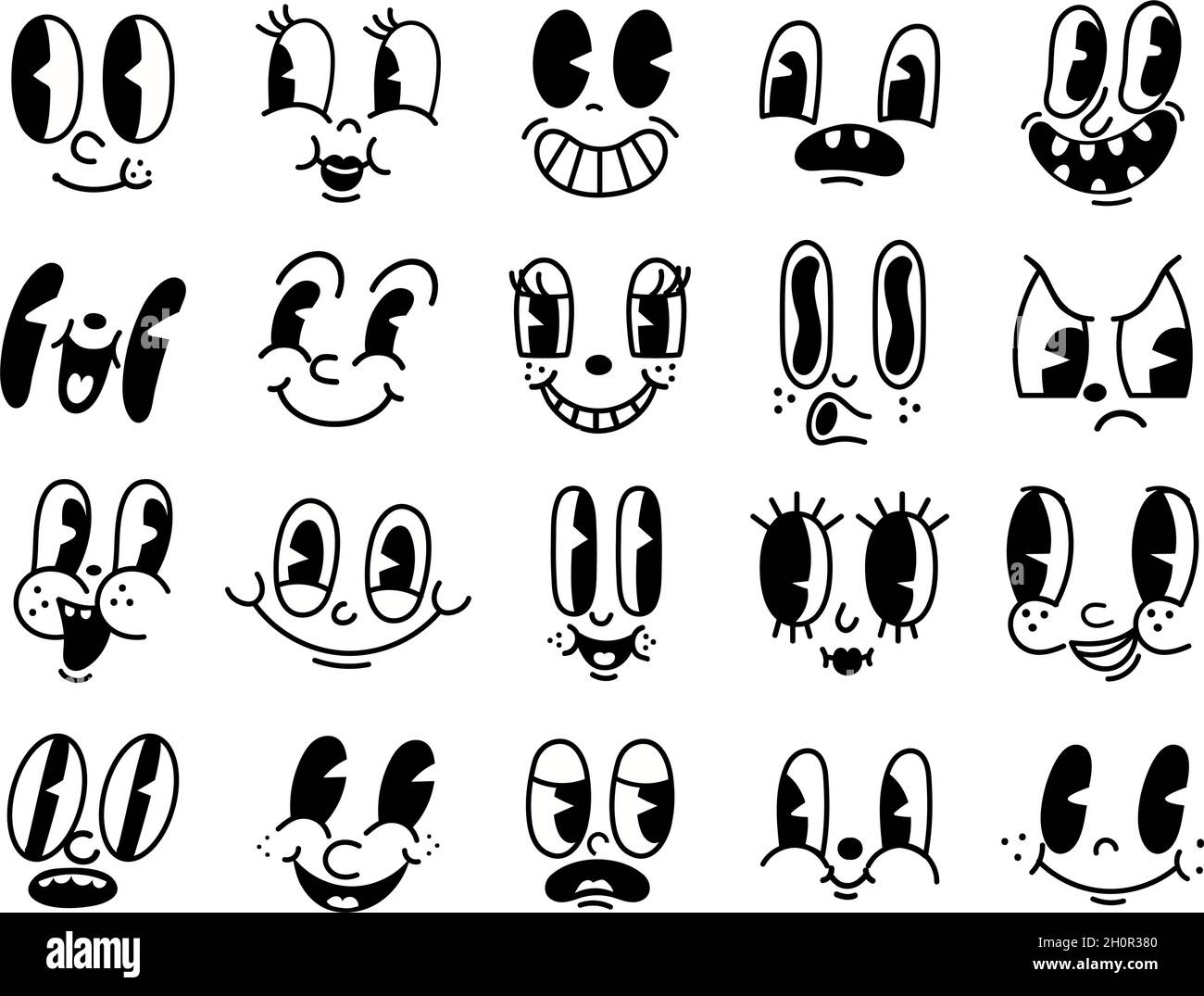 Retro 30s Cartoon Maskottchen Figuren lustige Gesichter. 50er, 60er Jahre alte Animation Augen und Mund Elemente. Vintage Comic Smile für Logo-Vektor-Set Stock Vektor