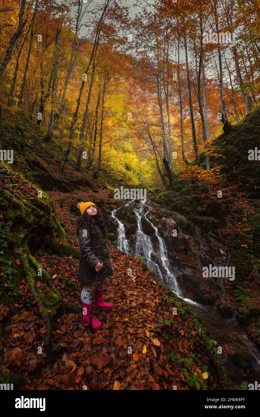 Ein kleines Mädchen im Herbstwald in der Nähe eines Wasserfalls Stockfoto