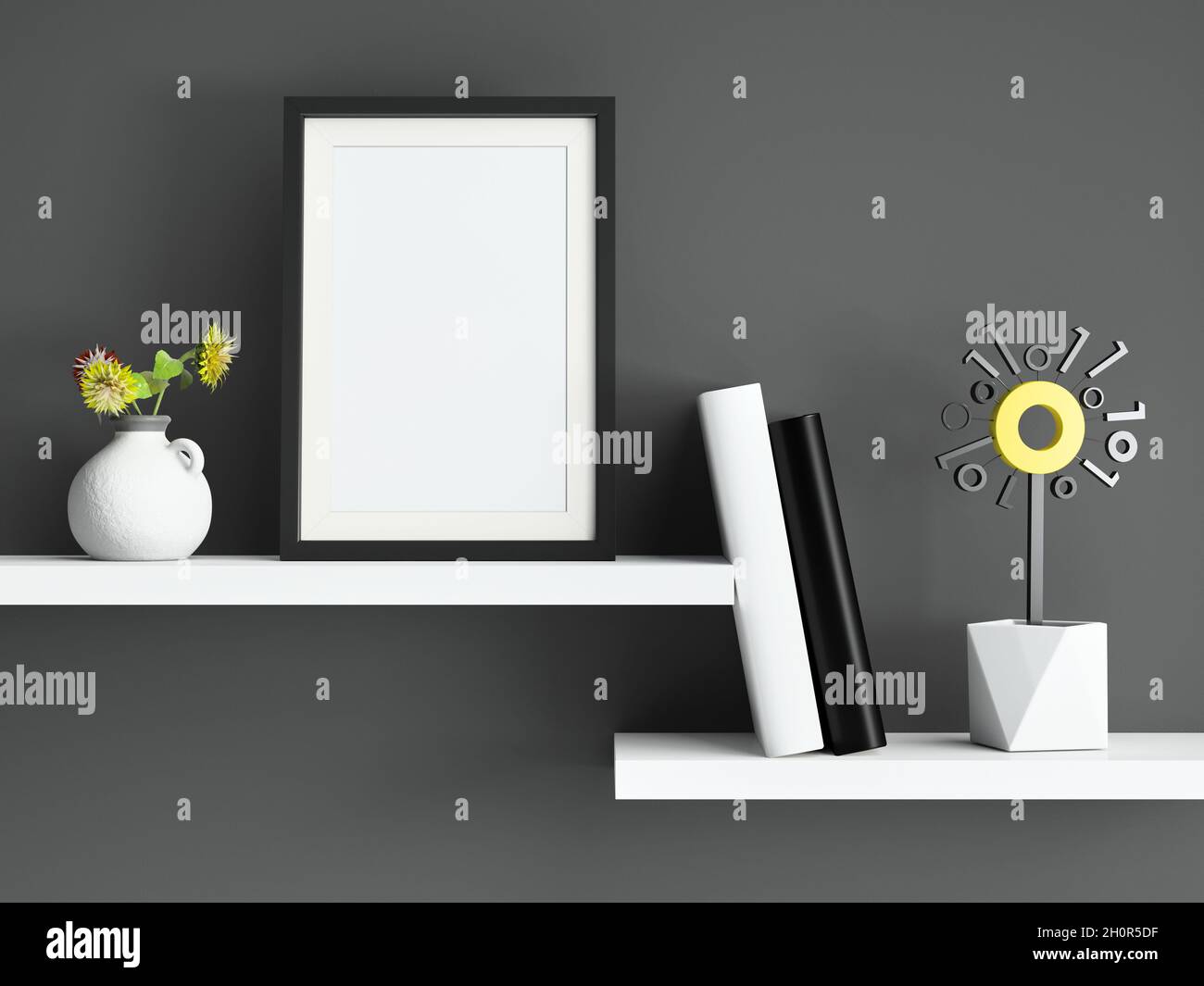 Imitierter Posterrahmen an dunkler Wand mit Blumen, digitalen Blumen und Büchern im Regal; 3d-Rendering, 3d-Illustration Stockfoto