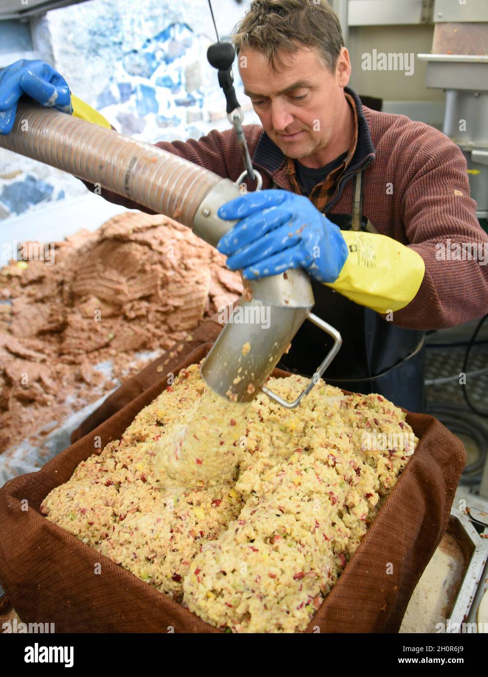 11. Oktober 2021, Sachsen, Fuchshain bei Leipzig: Beim mobilen Apfelbrecher, der vom Leipziger Garten- und Landschaftsbauer Andreas Richter für einen Tag in Fuchshain aufgestellt wurde, füllt der Garten- und Landschaftsbauer Marco Durant Maische aus Äpfeln und Quitten auf Presstücher. Vor den Augen der Kunden mit der kleinen Obstfabrik auf Rädern bis Ende Oktober werden an verschiedenen Orten die selbst geernteten vitaminreichen Früchte zu natürlich trübem Direktsaft verarbeitet und können anschließend in 5-Liter-Verpackungen nach Hause genommen werden. Mit der mobilen Zideerie will Andreas Richter einen Beitrag zum leisten Stockfoto