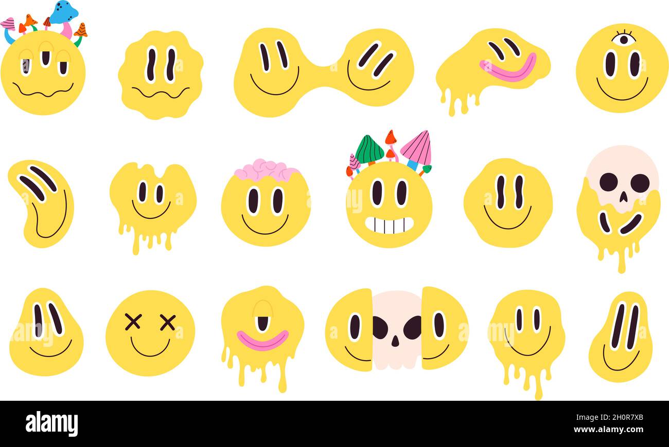 Retro schmelzen verrückt und tropfend Smiley Gesicht mit Pilzen. Verzerrte Graffiti-Emoji mit Totenkopf. Hippie groovy Lächeln Charakter Vektor-Set Stock Vektor