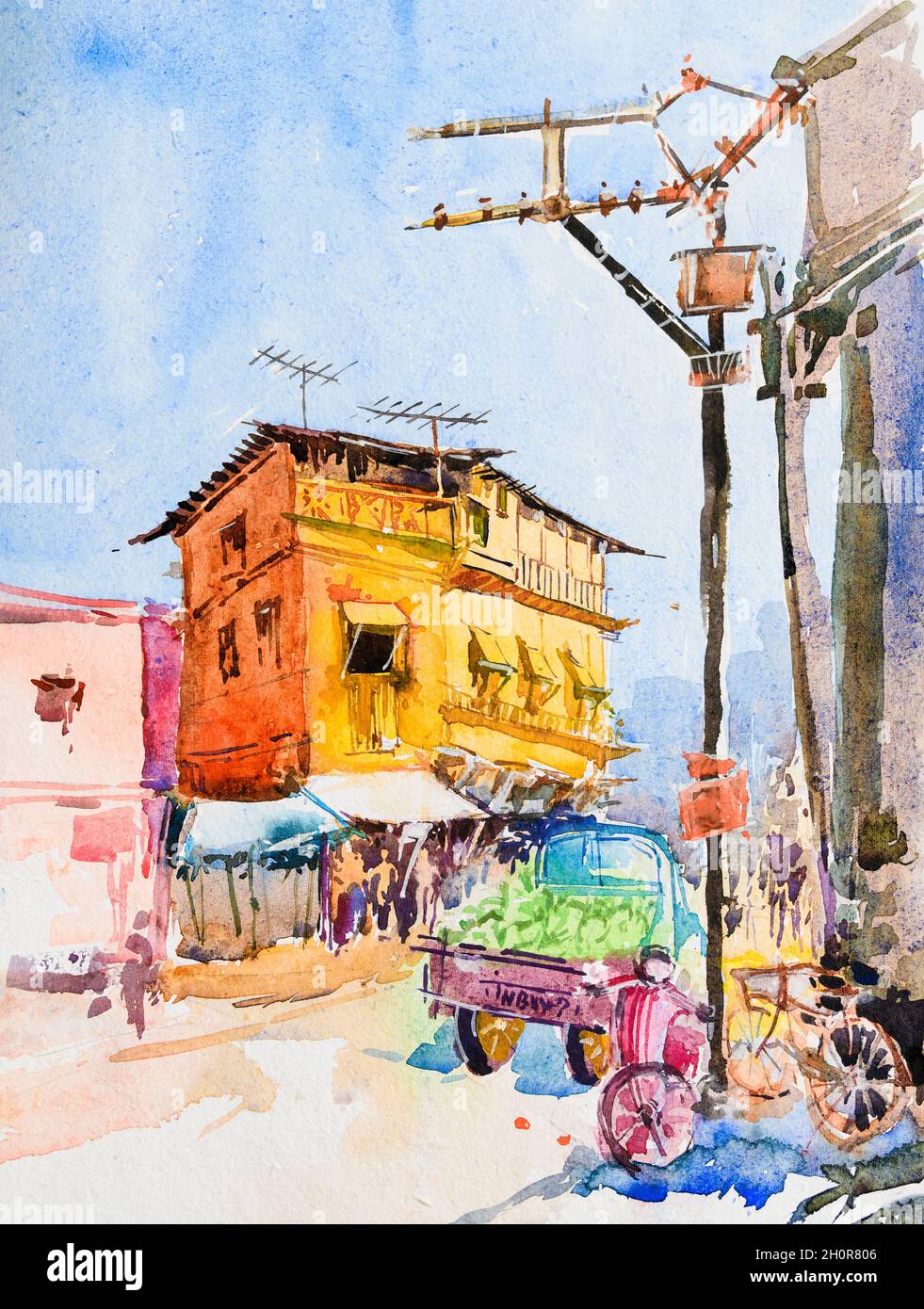 Aquarell-Gemälde von belebten städtischen Spur, handgemalte Illustration. Enthält einen Transporter mit Gemüse und ein großes altes Haus. Stockfoto